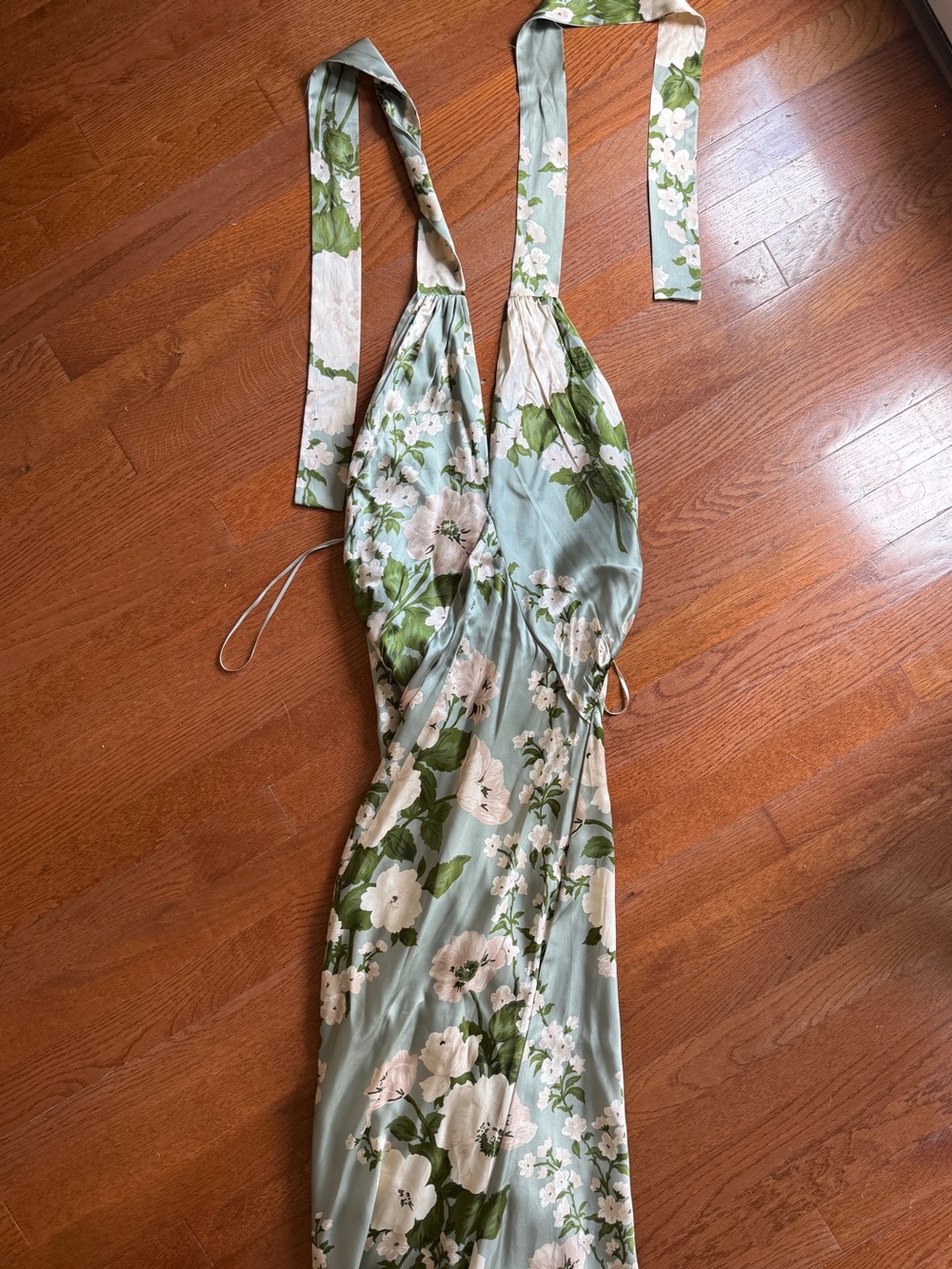 Reformation Veria Floral Green Halter Maxi Dress Taragon